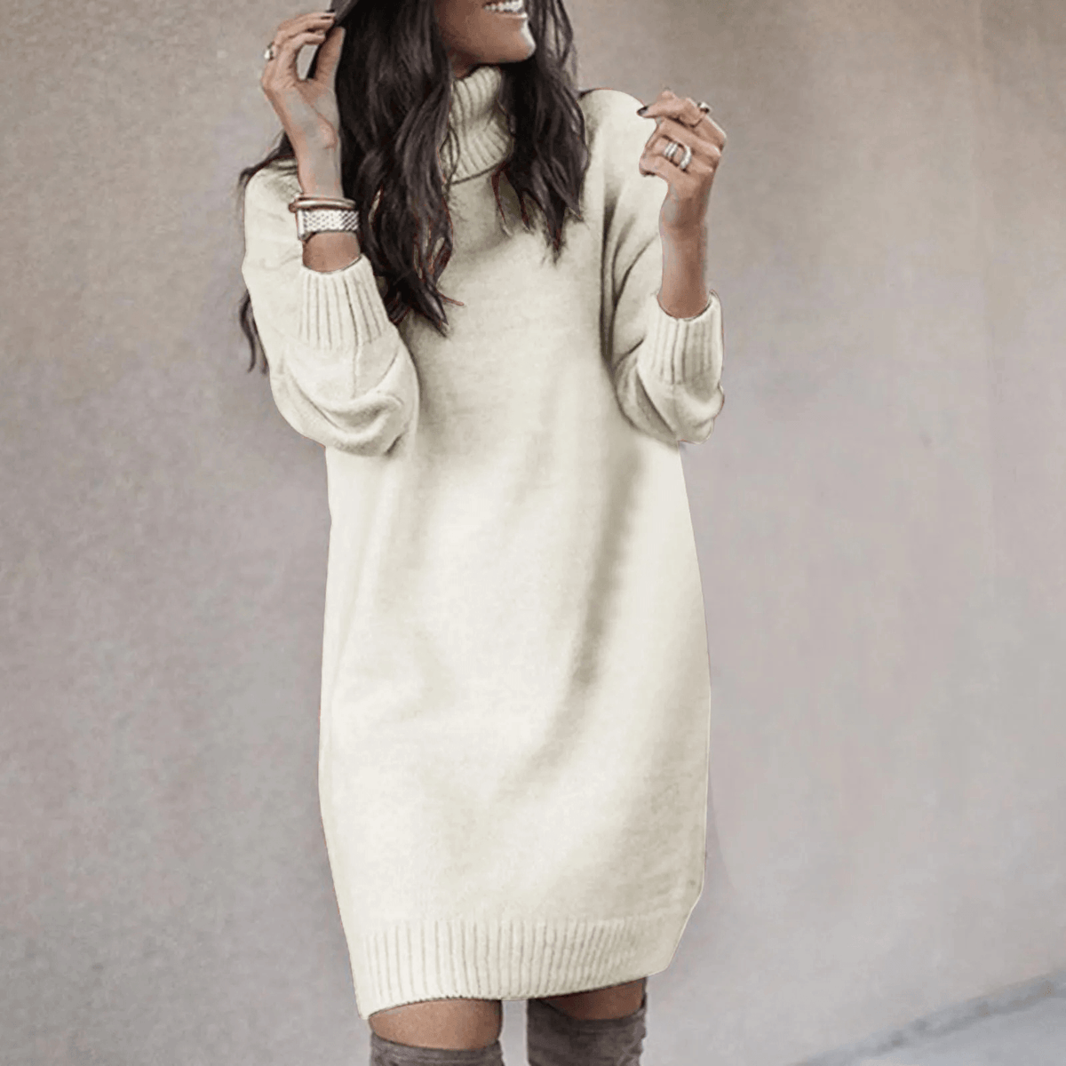 Women's Roll Neck Long Sleeve Knitted Jumper Dress with Ribbed Cuffs