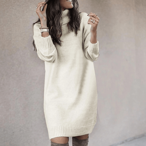 Women's Roll Neck Long Sleeve Knitted Jumper Dress with Ribbed Cuffs