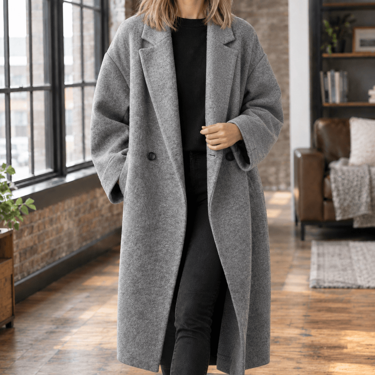 Serena-Faye Women's Oversized Wool Blend Winter Coat with Notched Lapels