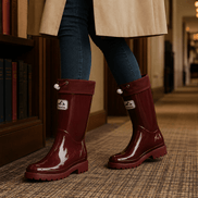 Women's Knee-High Glossy Rubber Wellies with Drawstring Cuff