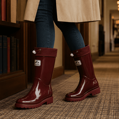 Women's Knee-High Glossy Rubber Wellies with Drawstring Cuff
