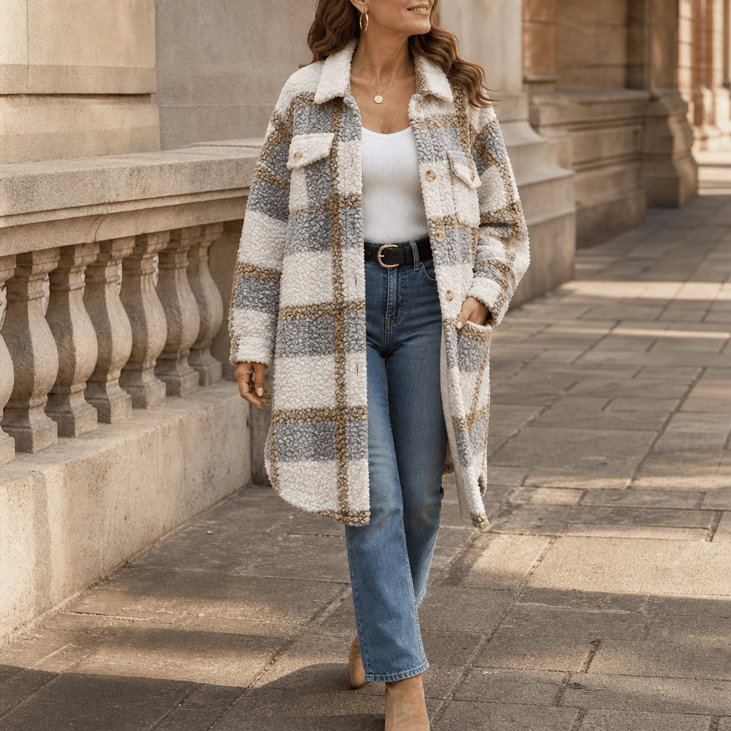 Fairloch Plaid Sherpa-Lined Mid-Length Coat with Button Front
