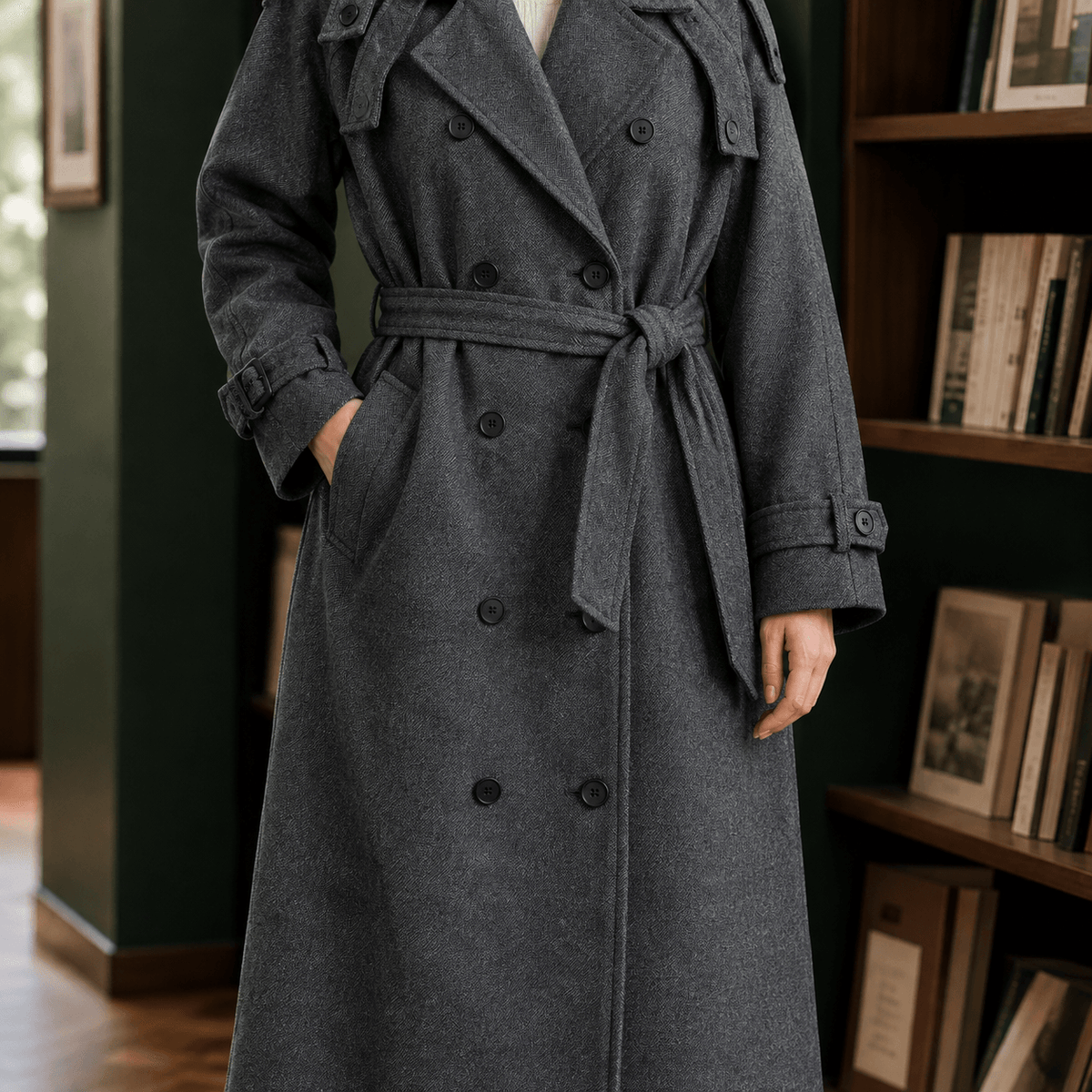 Audrina-June Women's Belted Double-Breasted Cashmere Winter Coat