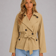 Cropped Double-Breasted Trench Coat with Tie Waist for Women