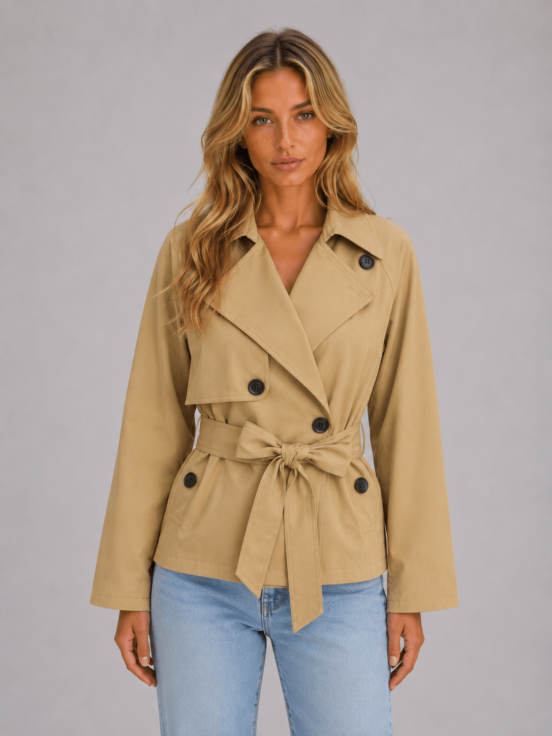 Cropped Double-Breasted Trench Coat with Tie Waist for Women