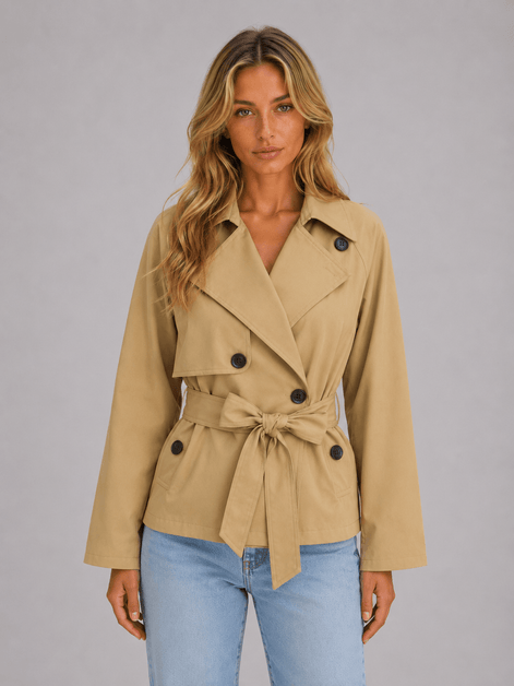 Cropped Double-Breasted Trench Coat with Tie Waist for Women