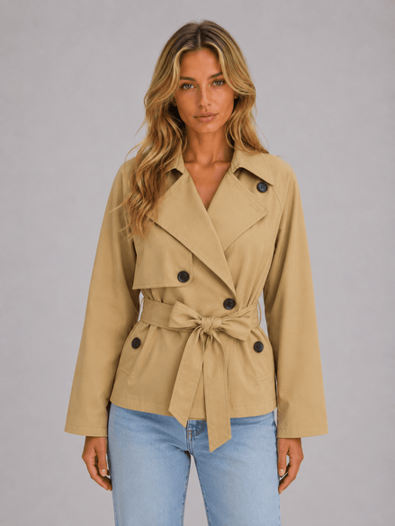Cropped Double-Breasted Trench Coat with Tie Waist for Women