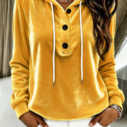 Women's Velvet Hooded Sweatshirt with Button Placket and Drawstring