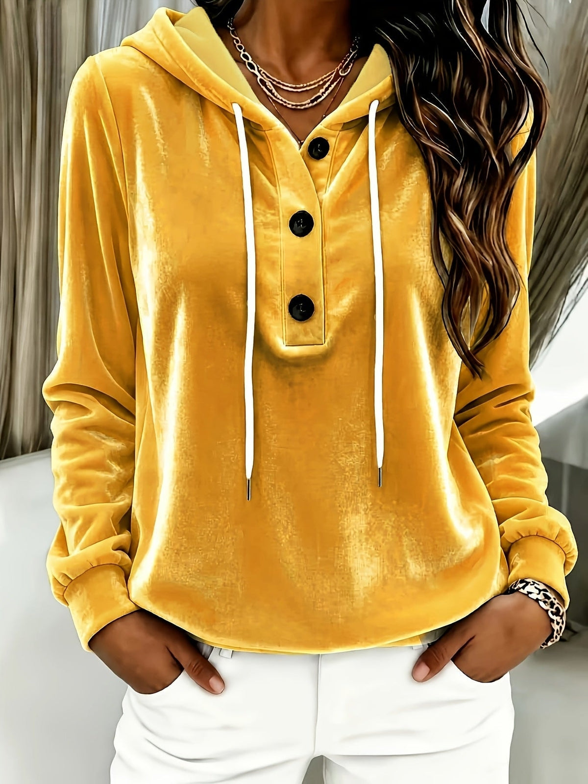 Women's Velvet Hooded Sweatshirt with Button Placket and Drawstring