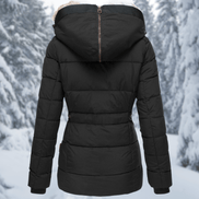 Women's Quilted Polyester Puffer Jacket with Faux Fur Trim Hood