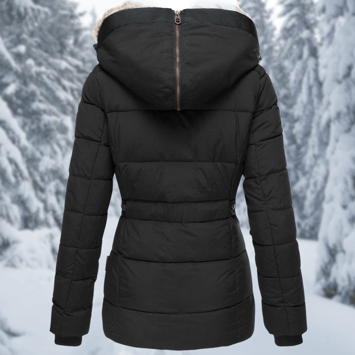 Women's Quilted Polyester Puffer Jacket with Faux Fur Trim Hood