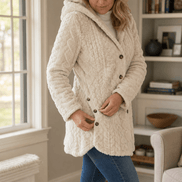 Cable-Knit Textured Hooded Longline Coat with Button Hems