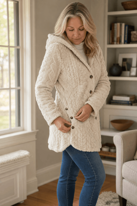 Cable-Knit Textured Hooded Longline Coat with Button Hems