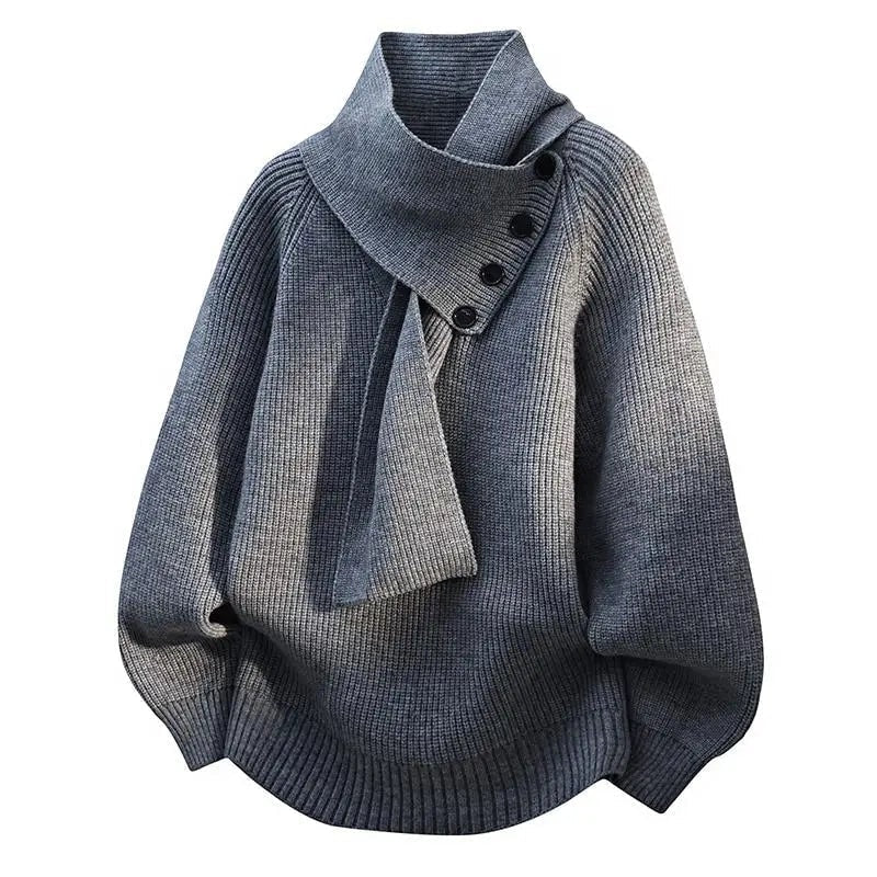 Women's Ribbed Knit Jumper with Draped Scarf-Neck Collar