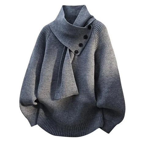 Women's Ribbed Knit Jumper with Draped Scarf-Neck Collar