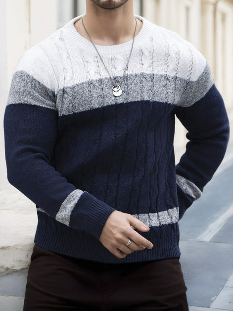 Men's Colour Block Cable-Knit Jumper with Crew Neck