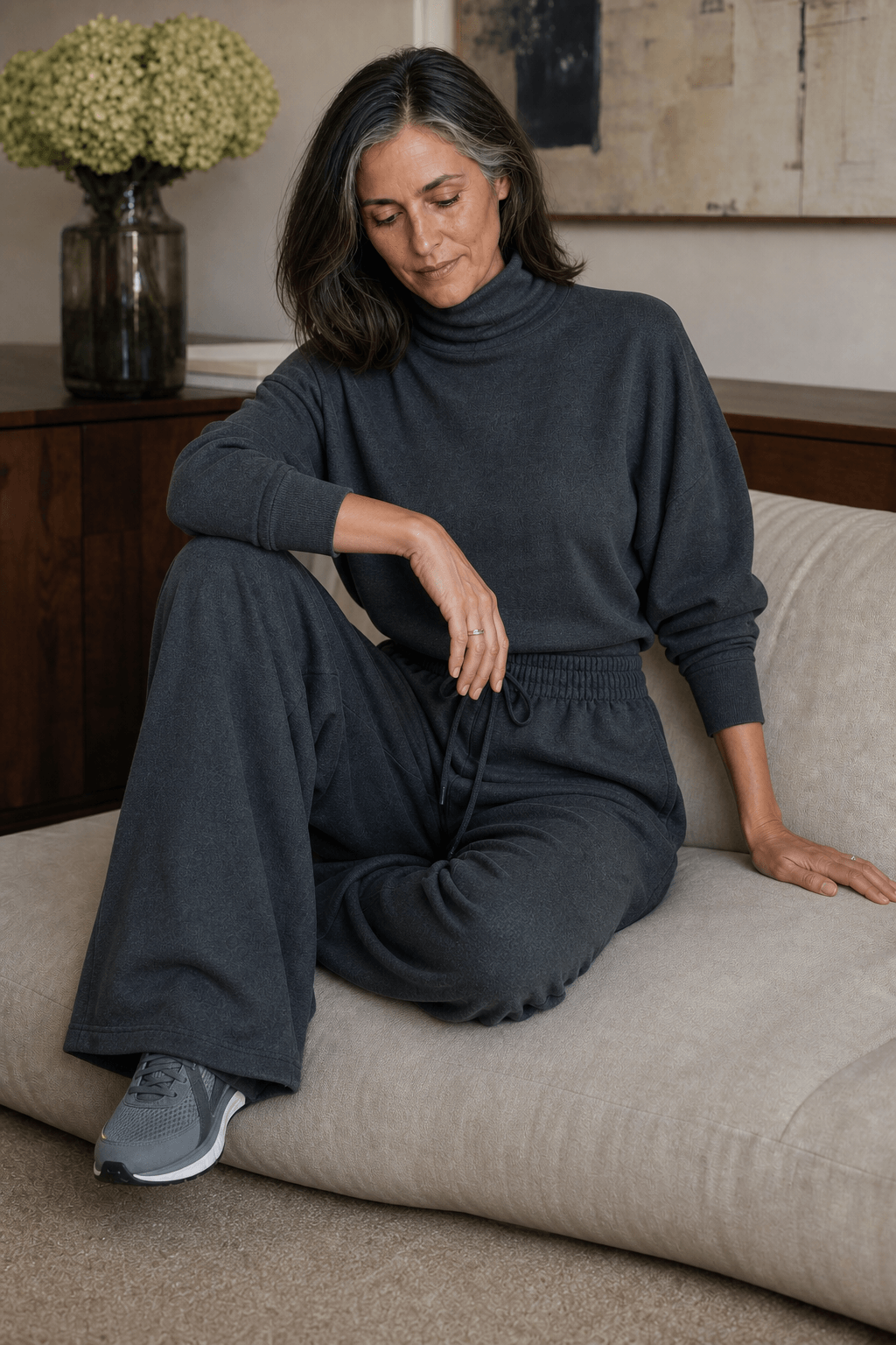 Women's Turtleneck Knitted Jumper and Wide-Leg Trousers Lounge Set