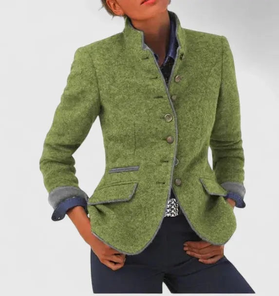 Women's Tailored Wool Blazer with Contrast Trim and Structured Fit