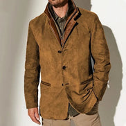 Men's Suede-Look Blazer-Style Jacket with Contrast Trim Collar