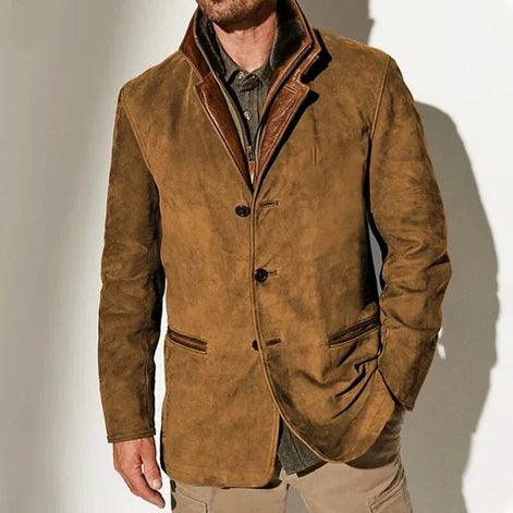 Men's Suede-Look Blazer-Style Jacket with Contrast Trim Collar