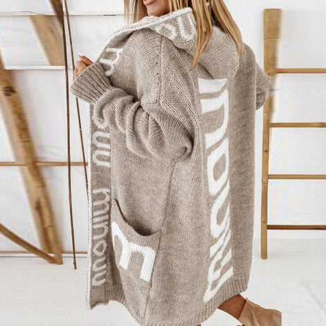 Audrey Hooded Longline Women's Knitted Cardigan with Striped Trim