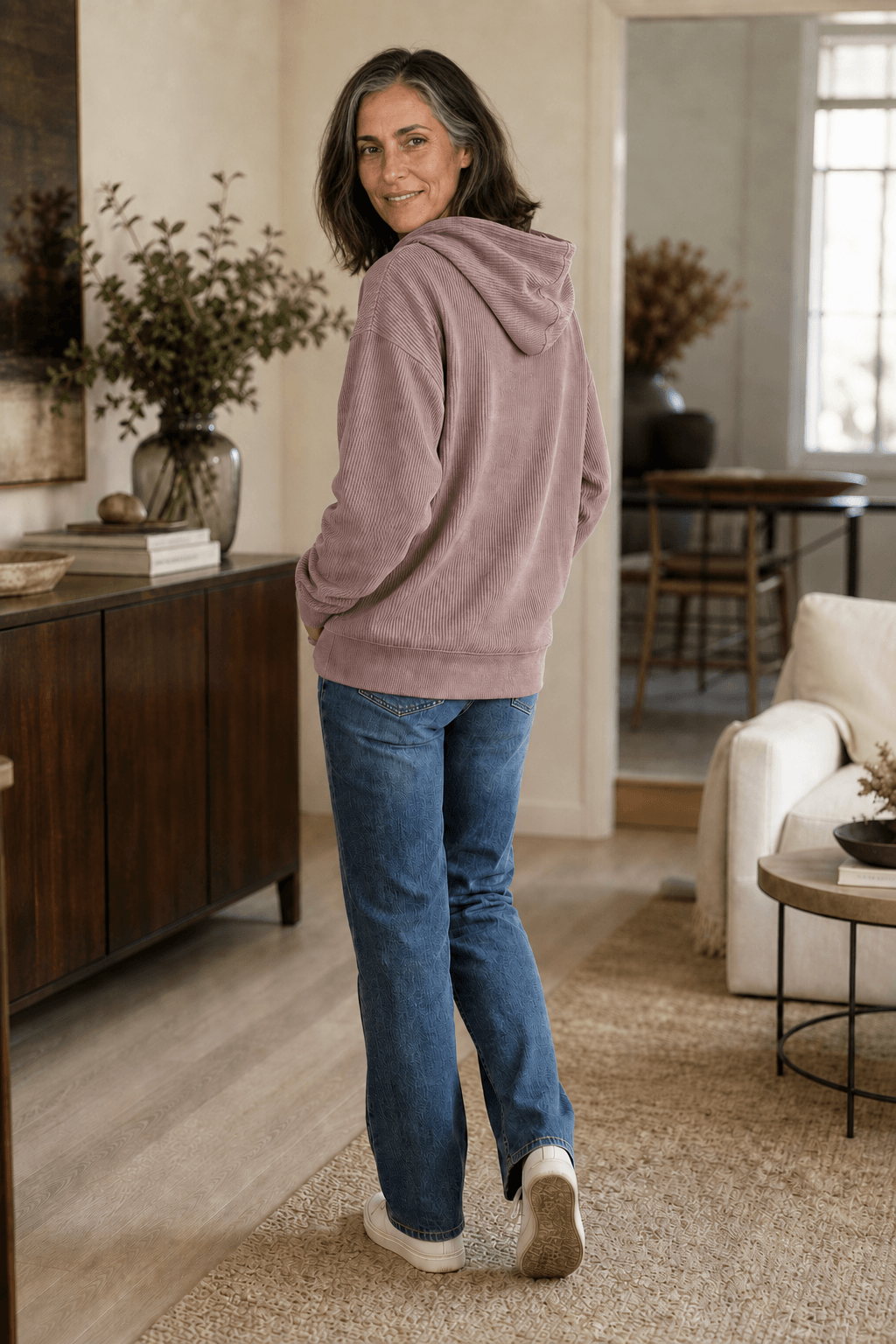 Ribbed Corduroy-Look Hoodie with Front Pocket for Women
