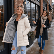 Women's Longline Quilted Puffer Jacket with Hood and Zip Pockets