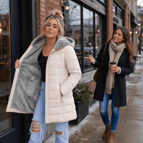 Women's Longline Quilted Puffer Jacket with Hood and Zip Pockets