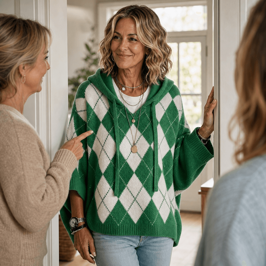 Women's Hooded Argyle Batwing Poncho Knitted Jumper with Relaxed Fit