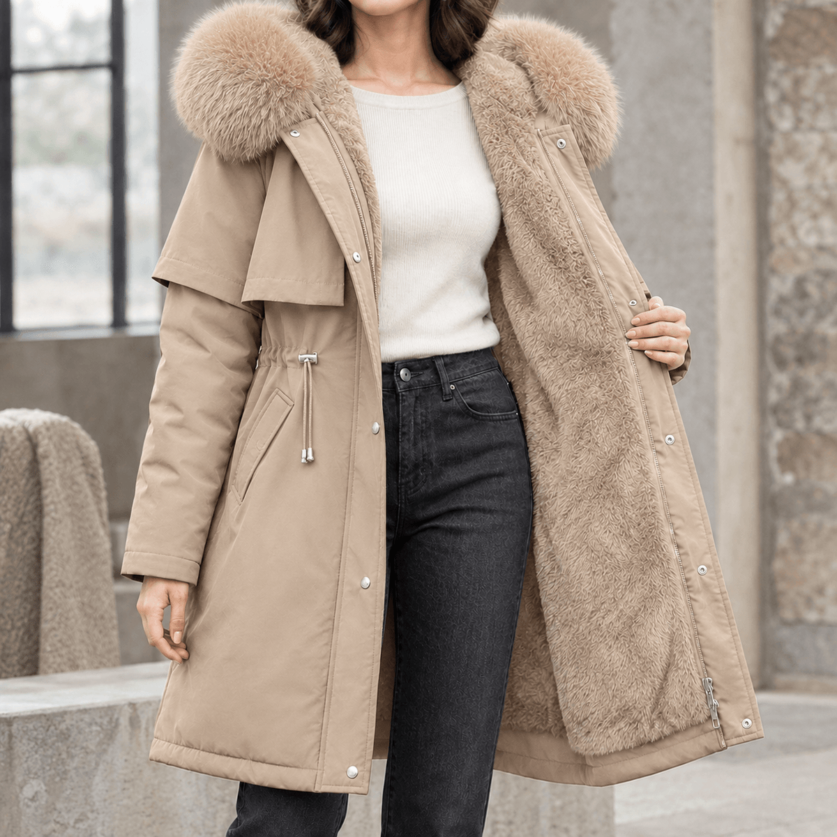 Agnes-Hope Women's Longline Hooded Winter Coat with Faux Fur Trim and Drawcord Waist