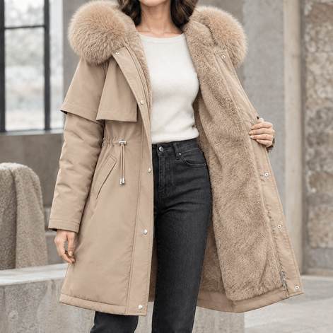 Agnes-Hope Women's Longline Hooded Winter Coat with Faux Fur Trim and Drawcord Waist