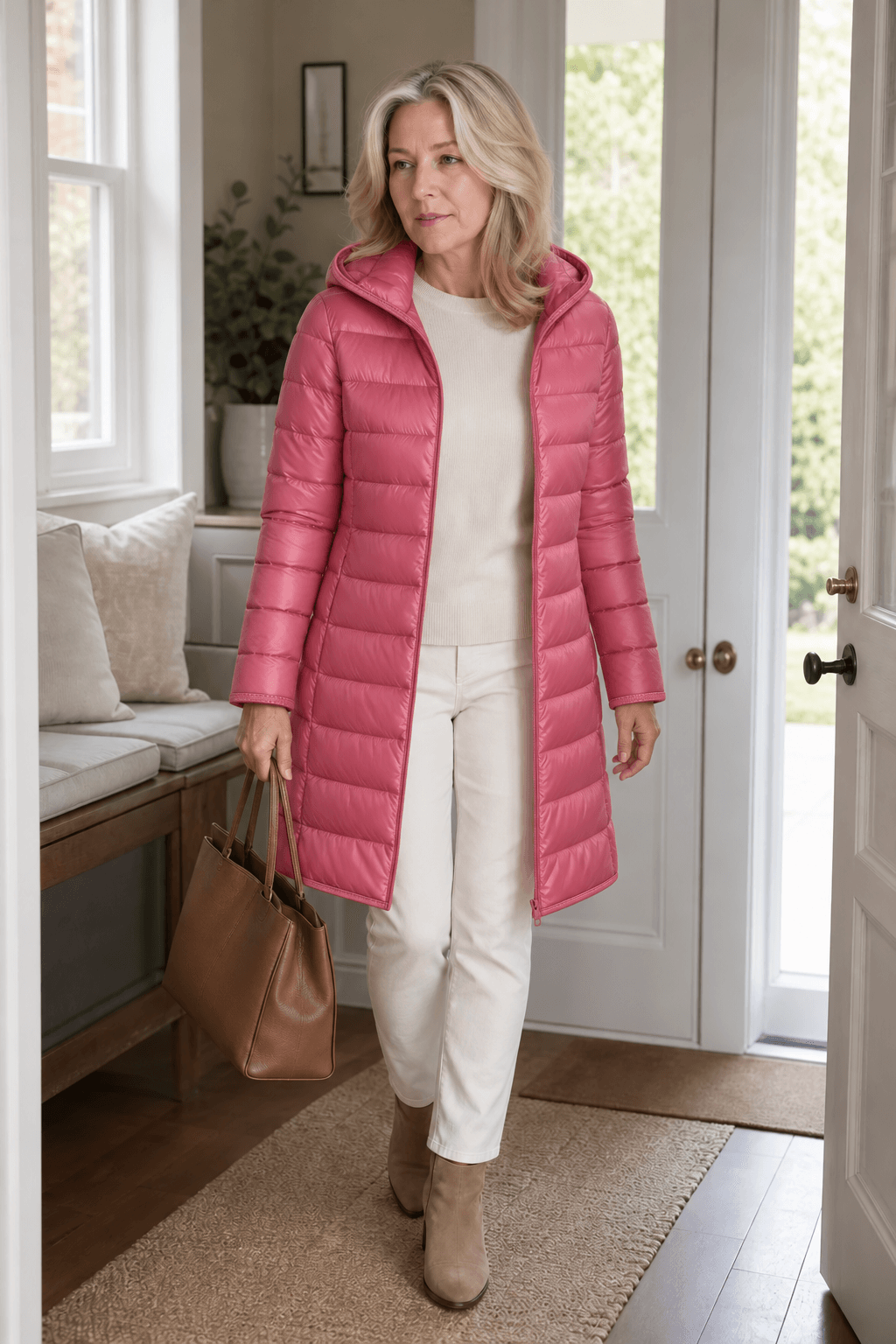 Women's Quilted Puffer Jacket with Detachable Hood and Packable Design