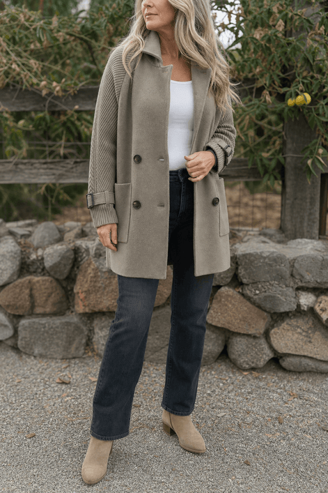 Cable-Knit Sleeve Double-Breasted Longline Coat for Women