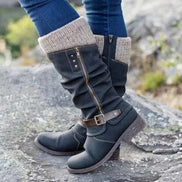 Women's Knee-High Winter Boots with Knit Cuff and Buckle Strap