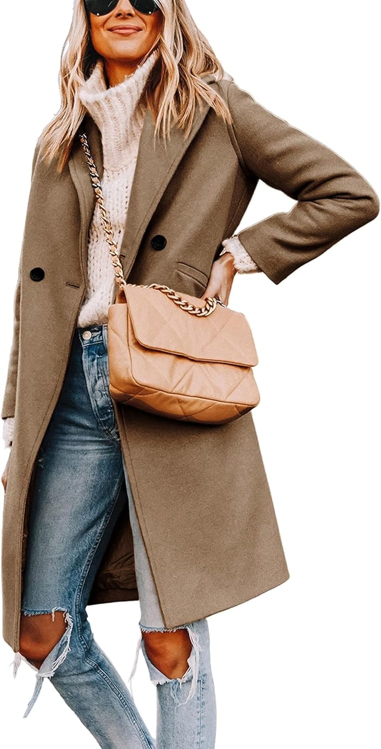 Women's Notch Lapel Double-Breasted Long Wool Winter Coat with Side Pockets