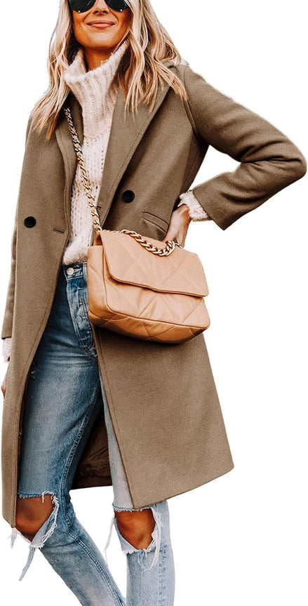 Women's Notch Lapel Double-Breasted Long Wool Winter Coat with Side Pockets