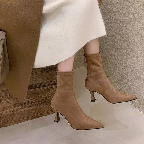 Doris Pointed-Toe Sock Boots with Kitten Heel in Suede-Effect Fabric