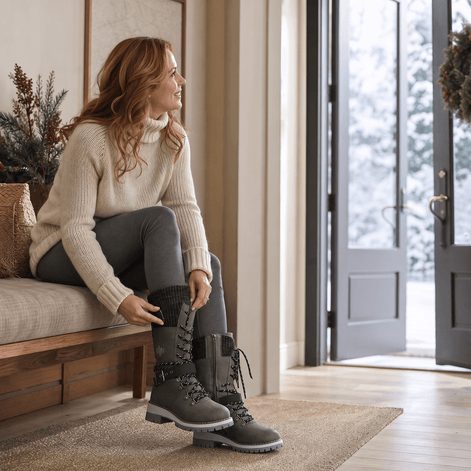 Women's Knit-Cuff Lace-Up Winter Boots with Buckle Strap