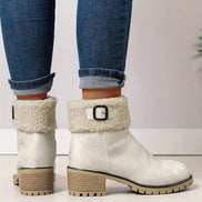 Faux Shearling Cuff Buckle Boots with Block Heel