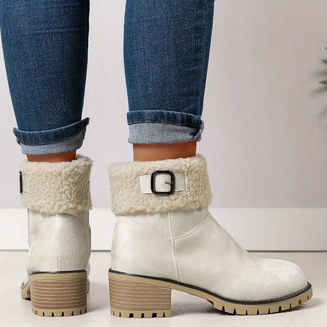 Faux Shearling Cuff Buckle Boots with Block Heel