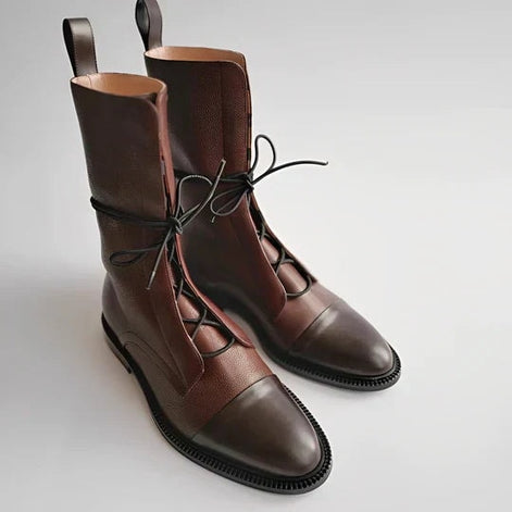 Tatum Lace-Up Cap Toe Heeled Boots in Calf-Length Leather