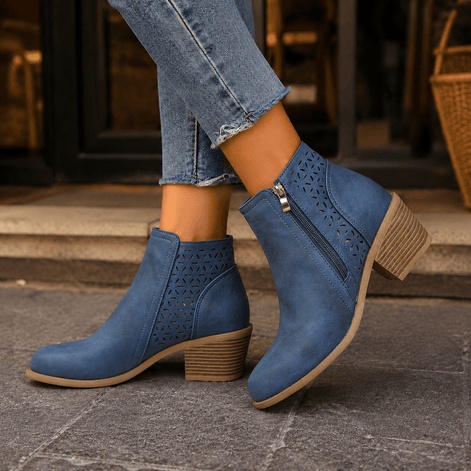 Visconti Faux Suede Cutout Ankle Boots with Block Heel and Side Zip