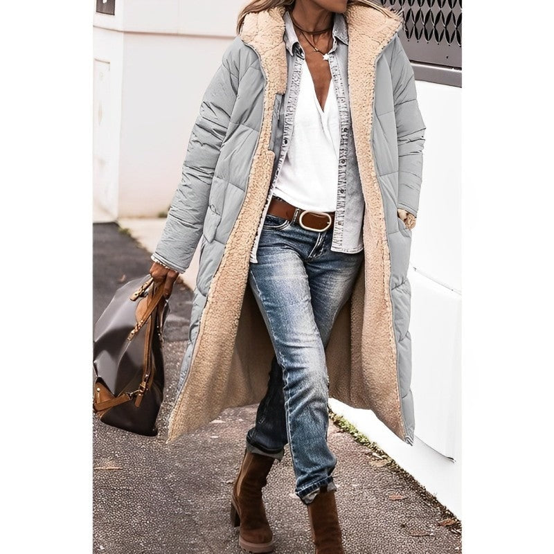 Women's Long Polyester Coat with Teddy Fleece Lining and Hood