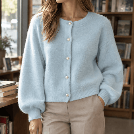 Oriane-Claire Fuzzy Knitted Cardigan for Women with Pearl Buttons