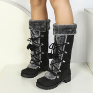 Faux Suede Knee-High Winter Boots for Women with Faux Fur Trim and Lace-Up Detail