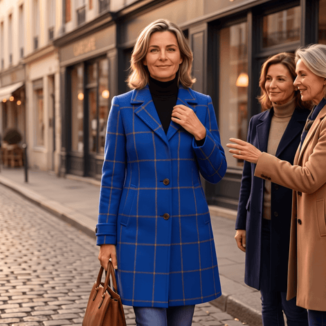 Women's Checkered Knee-Length Coat with Two-Button Front and Drop Shoulders