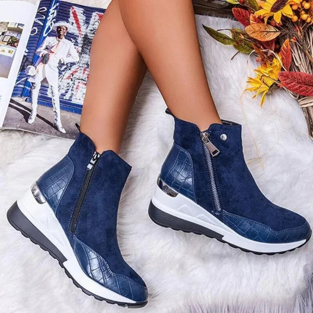 Women's Wedge Ankle Boots with Croc-Effect Panels and Side Zips