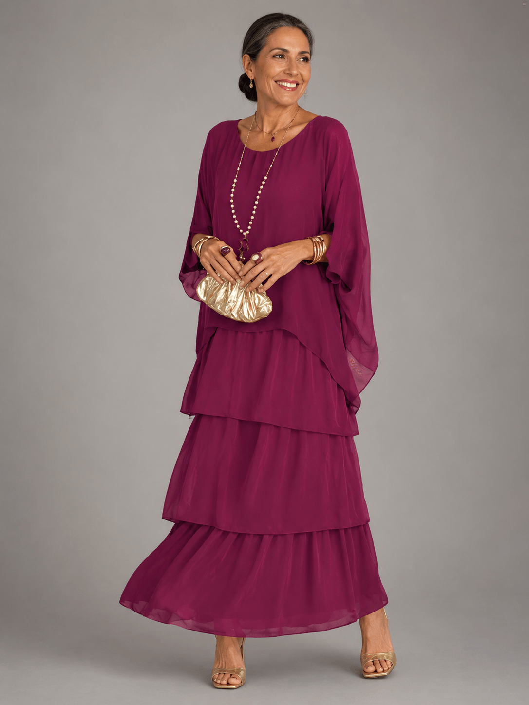 Tiered Chiffon Women's Maxi Dress with Flutter Sleeves and Layered Hem