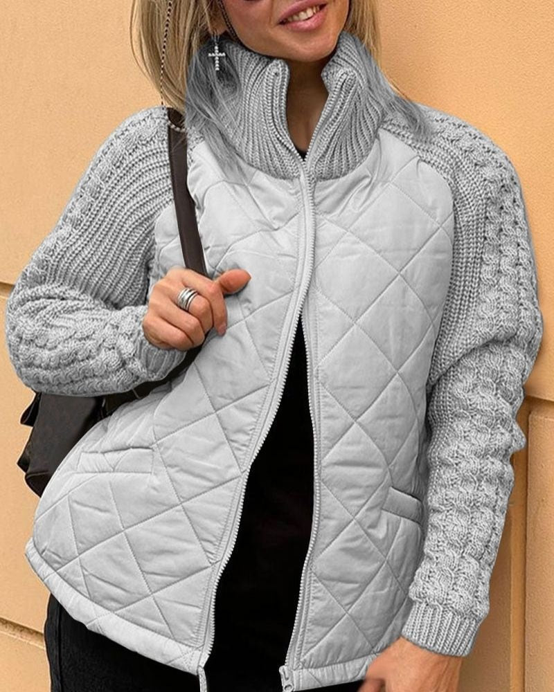 Quilted Puffer Jacket with Knitted Sleeves for Women