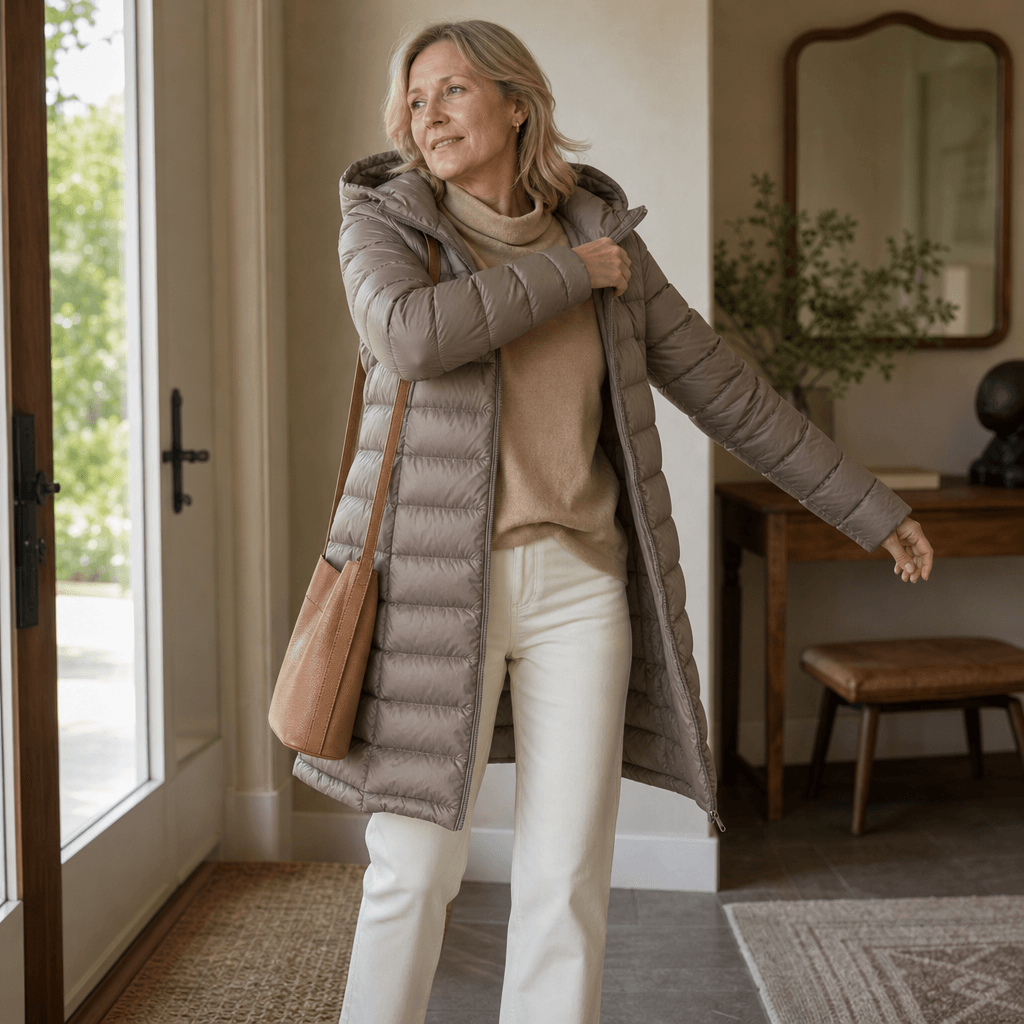 Women's Long Quilted Puffer Coat with Hood in Polyester